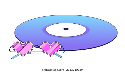 Compact disc with heart shaped glasses flat vector cartoon icon. Vinyl music with sunglasses. Editorial, magazine spot illustration. Colorful object isolated on white. Editable 2D simple drawing