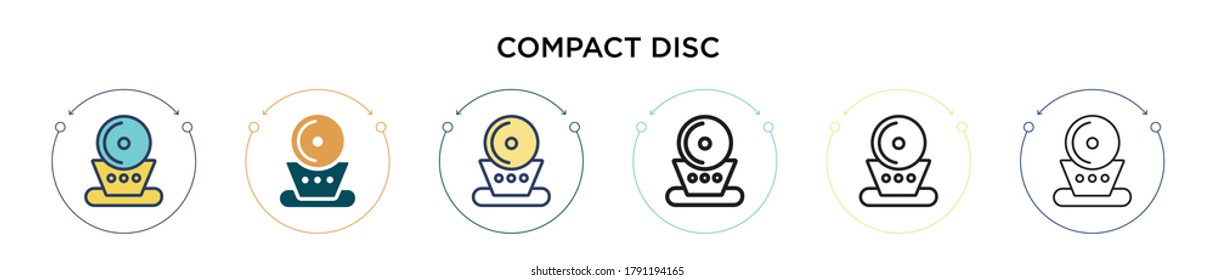Compact disc icon in filled, thin line, outline and stroke style. Vector illustration of two colored and black compact disc vector icons designs can be used for mobile, ui, web
