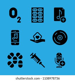 compact disc, pills, music file, oxygen, smartphone, pills, microphone, syringe and shelter vector icon. Simple icons set