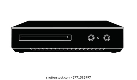 a compact disc player silhouette shown in black against a white background, featuring a disc slot and control buttons. high-quality professional detailed modern elegant