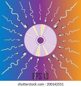 Compact Disc surrounded headphones aspiring to it. Vector illustration.