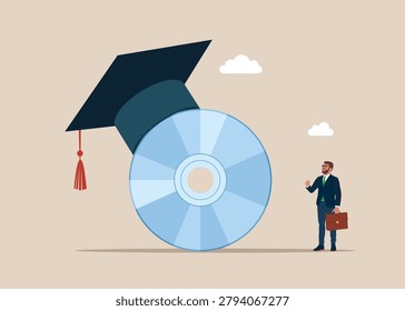 Compact disk in Academic mortarboard hat. Studies, courses. CD RW and DVD. Vector flat illustration 