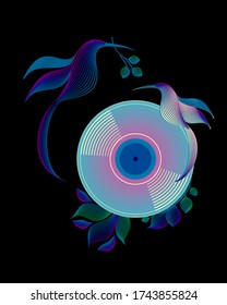 Compact disk with birds, leaves and notes on black background. Music composition logo template. Vector illustration hummingbird.