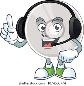 Compact disk cartoon character style speaking with friends on headphone. Vector illustration