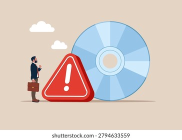 Compact disk with exclamation attention sign. Dvd is an old medium to store information on retro computers. Error CD RW.. Flat vector illustration.