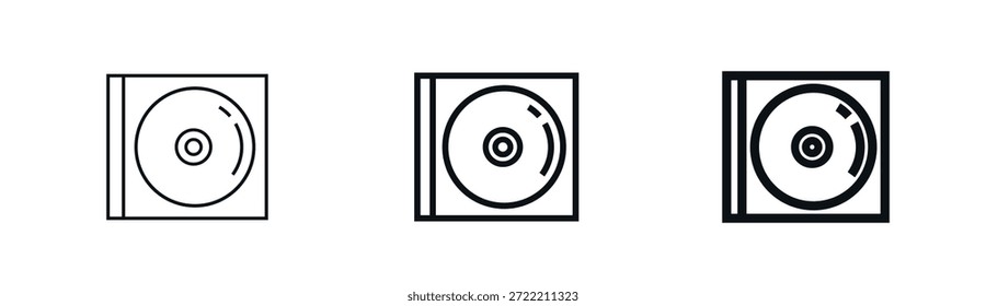 CD- oder Festplattensymbol mit drei Strichstärken von dünn bis fett. Medien, Datenspeicherkonzept. Webdesign, mobile App, ui ux Element. Vektorgrafik einzeln auf weißem Hintergrund