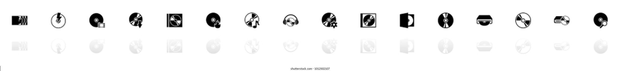 Compact Disk icons - Black horizontal Illustration symbol on White Background with a mirror Shadow reflection. Flat Vector Icon.