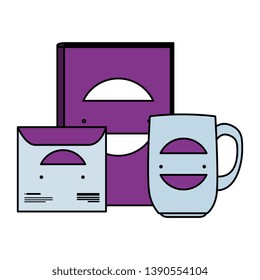 compact disk , mug and book with company emblem