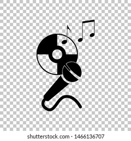 Compact disk with music notes and microphone sign. Black icon on transparent background. Illustration.