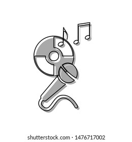 Compact disk with music notes and microphone sign. Black line icon with gray shifted flat filled icon on white background. Illustration.