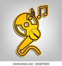 Compact disk with music notes and microphone sign. Flat orange icon with overlapping linear black icon with gray shadow at whitish background. Illustration.