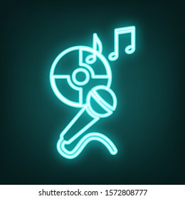 Compact disk with music notes and microphone sign. Cyan neon icon in the dark. Bluring. Luminescence. Illustration.