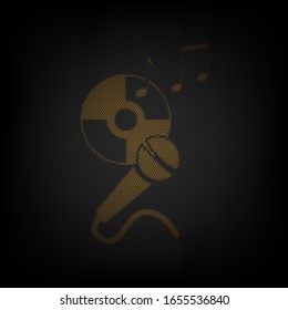 Compact disk with music notes and microphone sign. Icon as grid of small orange light bulb in darkness. Illustration.