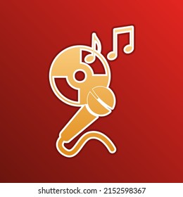 Compact disk with music notes and microphone sign. Golden gradient Icon with contours on redish Background. Illustration.