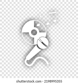 Compact disk with music notes and microphone sign. White Icon with dropped natural gray Shadow at transparent Background. Illustration.