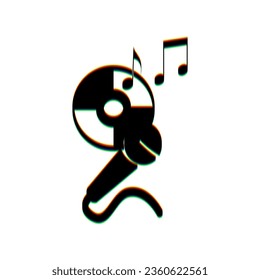 Compact disk with music notes and microphone sign. Black Icon with vertical effect of color edge aberration at white background. Illustration.