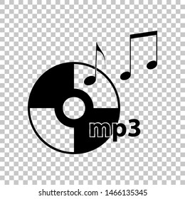 Compact disk with music notes. mp3 sign. Black icon on transparent background. Illustration.