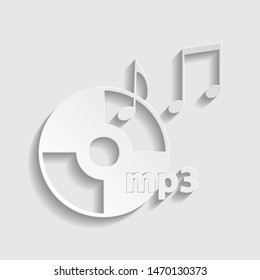 Compact disk with music notes. mp3 sign. Paper style icon. Illustration.