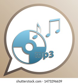 Compact disk with music notes. mp3 sign. Bright cerulean icon in white speech balloon at pale taupe background. Illustration.