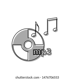 Compact disk with music notes. mp3 sign. Black line icon with gray shifted flat filled icon on white background. Illustration.