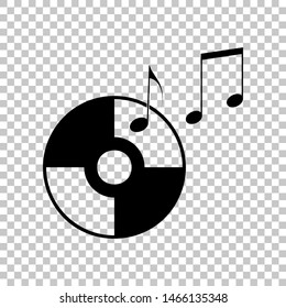 Compact disk with music notes sign. Black icon on transparent background. Illustration.