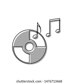 Compact disk with music notes sign. Black line icon with gray shifted flat filled icon on white background. Illustration.
