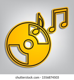 Compact disk with music notes sign. Flat orange icon with overlapping linear black icon with gray shadow at whitish background. Illustration.