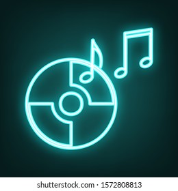 Compact disk with music notes sign. Cyan neon icon in the dark. Bluring. Luminescence. Illustration.