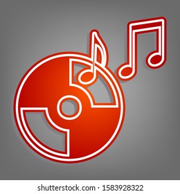 Compact disk with music notes sign. Flat red icon with linear white icon with gray shadow at grayish background. Illustration.