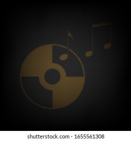 Compact disk with music notes sign. Icon as grid of small orange light bulb in darkness. Illustration.