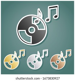 Compact disk with music notes sign. Set of metallic Icons with gray, gold, silver and bronze gradient with white contour and shadow at viridan background. Illustration.