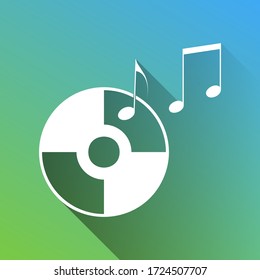 Compact disk with music notes sign. White Icon with gray dropped limitless shadow on green to blue background. Illustration.