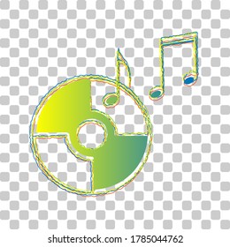 Compact disk with music notes sign. Blue to green gradient Icon with Four Roughen Contours on stylish transparent Background. Illustration.