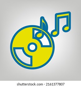 Kompakte Festplatte mit Notenzeichen. Symbol in den Farben der Ukraine Flagge (gelb, blau) auf grauem Hintergrund. Illustration.