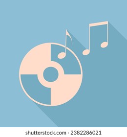 Compact disk with music notes sign. Unbleached silk Icon with very long shadow at dark sky blue background. Illustration.
