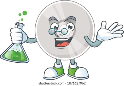 Compact disk smart Professor Cartoon character holding glass tube on the lab. Vector illustration