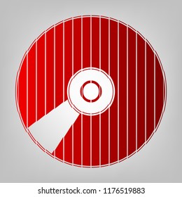 Compact disk symbol. CD or DVD icon. Vector. Vertically divided icon with colors from reddish gradient in gray background with light in center.