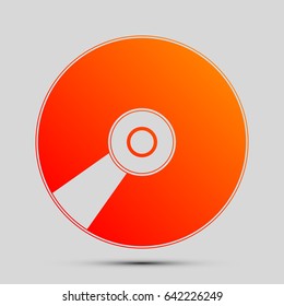 Compact disk symbol. CD or DVD icon. Vector. Orange, red-yellow icon with shadow on gray background.