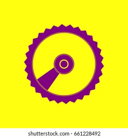 Compact disk symbol. CD or DVD icon. Vector. Violet label with hole as icon on yellow background.