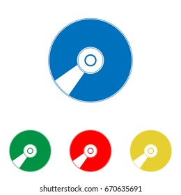 Compact disk symbol. CD or DVD icon. Vector. Big blue flat icon with red, green and yellow small icons at white background. Isolated.