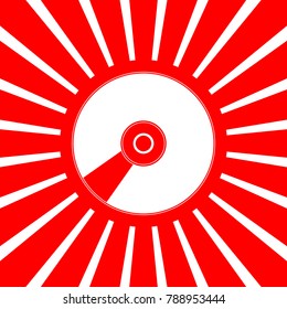 Compact disk symbol. CD or DVD icon. Vector. White icon on red sun with rays as background. Isolated.