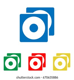 Compact disks icon. Vector. Big blue flat icon with red, green and yellow small icons at white background. Isolated.