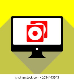 Compact disks icon. Vector. Red icon on white monitor of black all-in-one desktop computer with two shadows at yellow background.