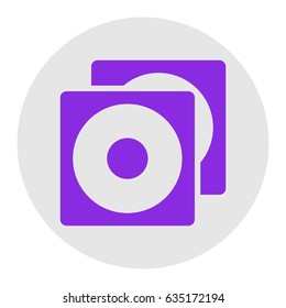 Compact disks icon. Vector. Violet flat icon on light gray circle at white background. Isolated.