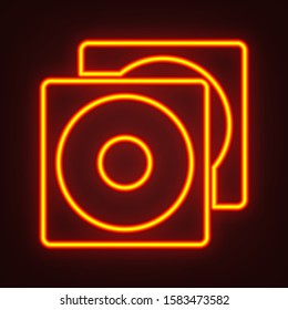 Compact disks icon. Yellow, orange, red neon icon at dark reddish background. Illumination. Illustration.