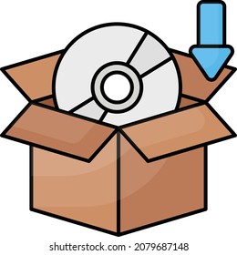 Diseño compacto de paquetes descargables, cartón con diseño de iconos de color de vectores de flecha hacia abajo y disco, símbolo de desarrollo de software y web, ilustración de material de programación y codificación de computadoras