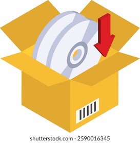 Compact Downloadable Package isometric Concept, Cardboard with Disc and Down Arrow Vector Icon Design, Software and web development symbol,, Computer Programming and Coding stock illustration