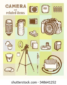 Compact and DSLR digital camera and related items. Vintage style, hand drawn pen and ink.  Vector clip art set for flyer, business card of electronics shop or camera store. Retro design element