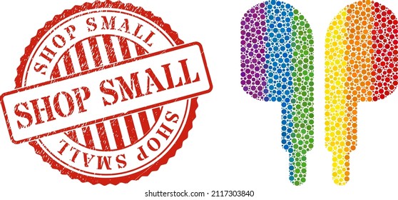 Compact earphones collage icon of spheric dots in different sizes and rainbow color hues. Red round textured watermark with Shop Small message.