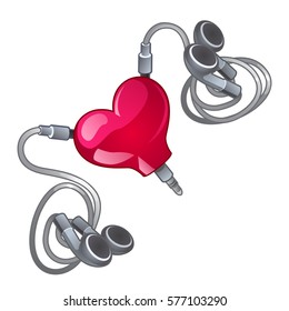 Compact earphones with decorative element in the shape of a heart isolated on white background. Gift for loved on Valentine's day. Cartoon vector illustration close-up.